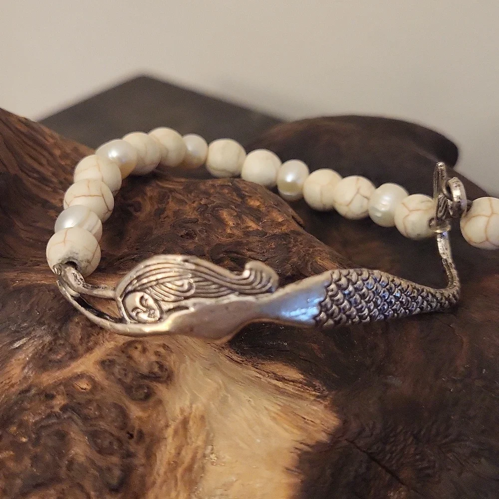 Mermaid  Silver, Pearl, & Gemstone Stretch Bracelet